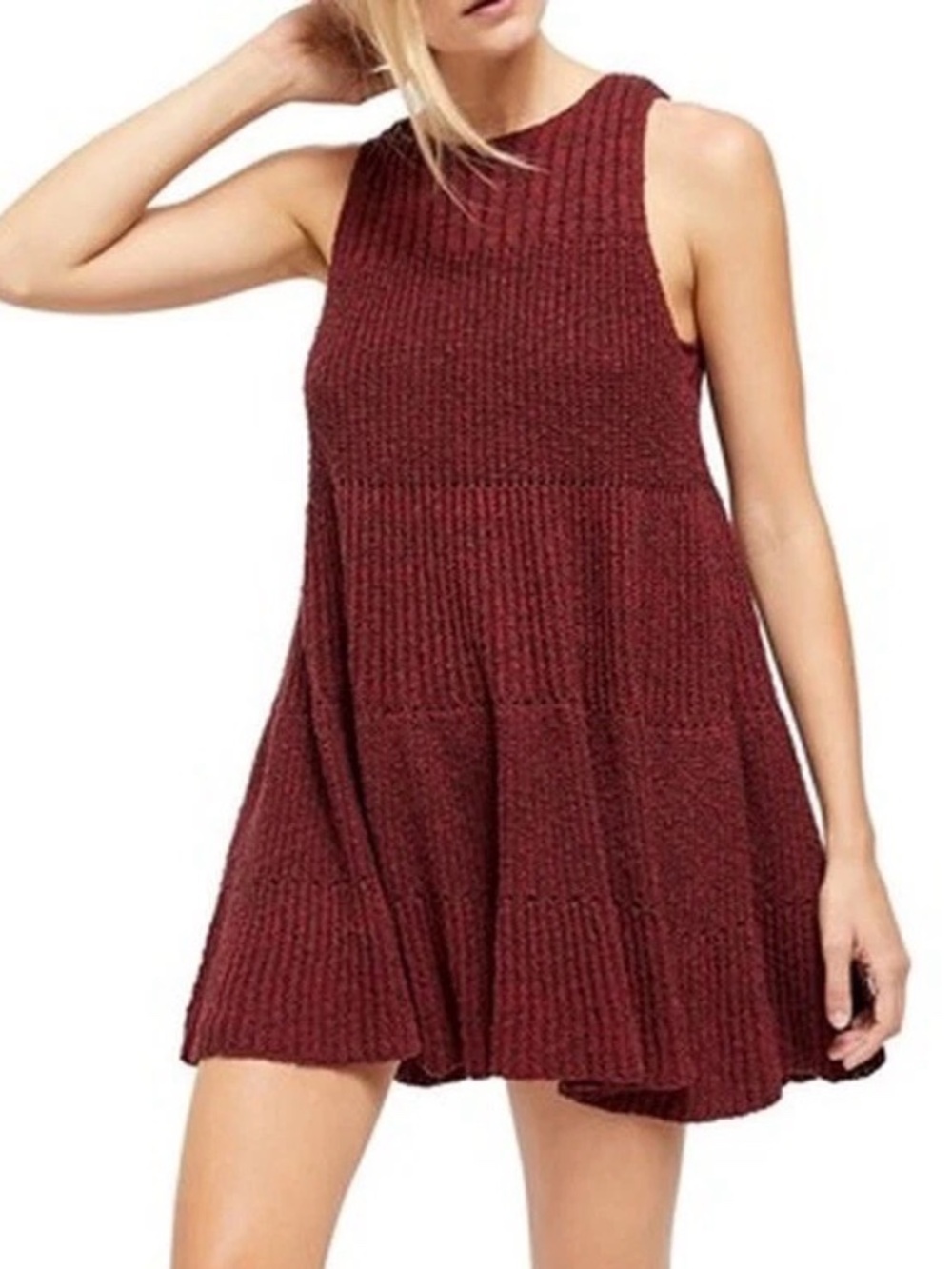 Free People Womens XS Waterfall Ruffle Knit Mini Sleeveless Dress Burgundy Combo